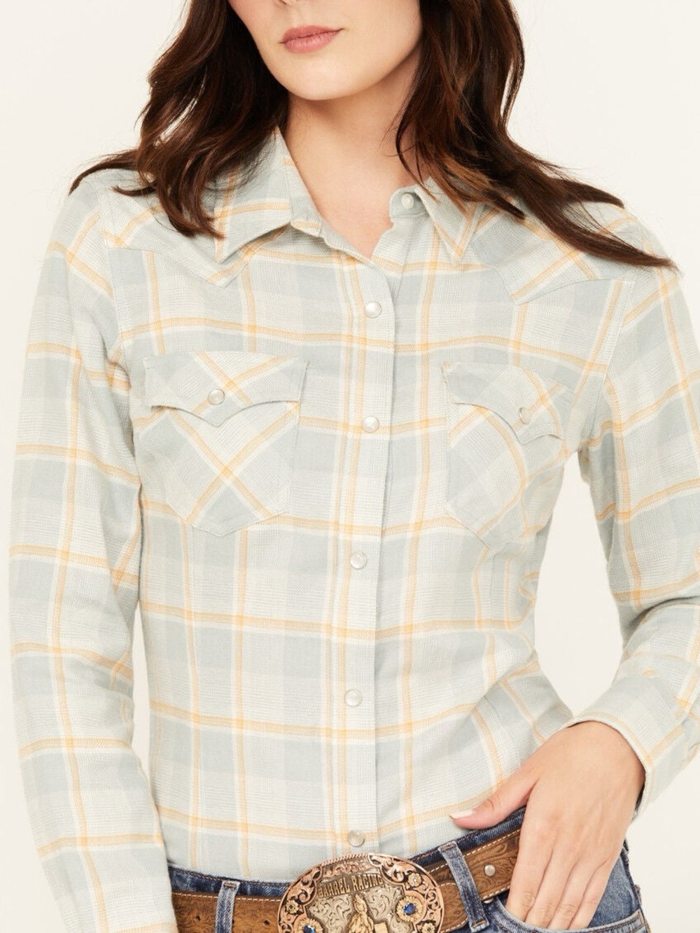 Wrangler Woman’s Plaid Western Shirt - Light Blue